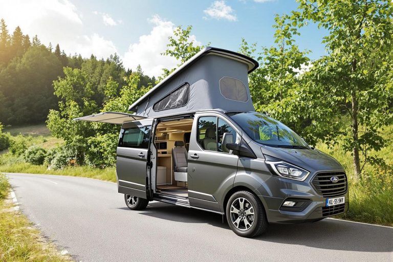 Ce nouveau van sur Ford Transit Custom à lit transversal amovible, avec un toit relevable, est idéal cet été pour les couples et les familles !.jpg